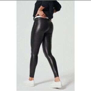 Spanx Black Shimmer Faux Leather Leggings, Size Medium